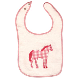 T225 Pink Check Horse Appliqué Snap Bib